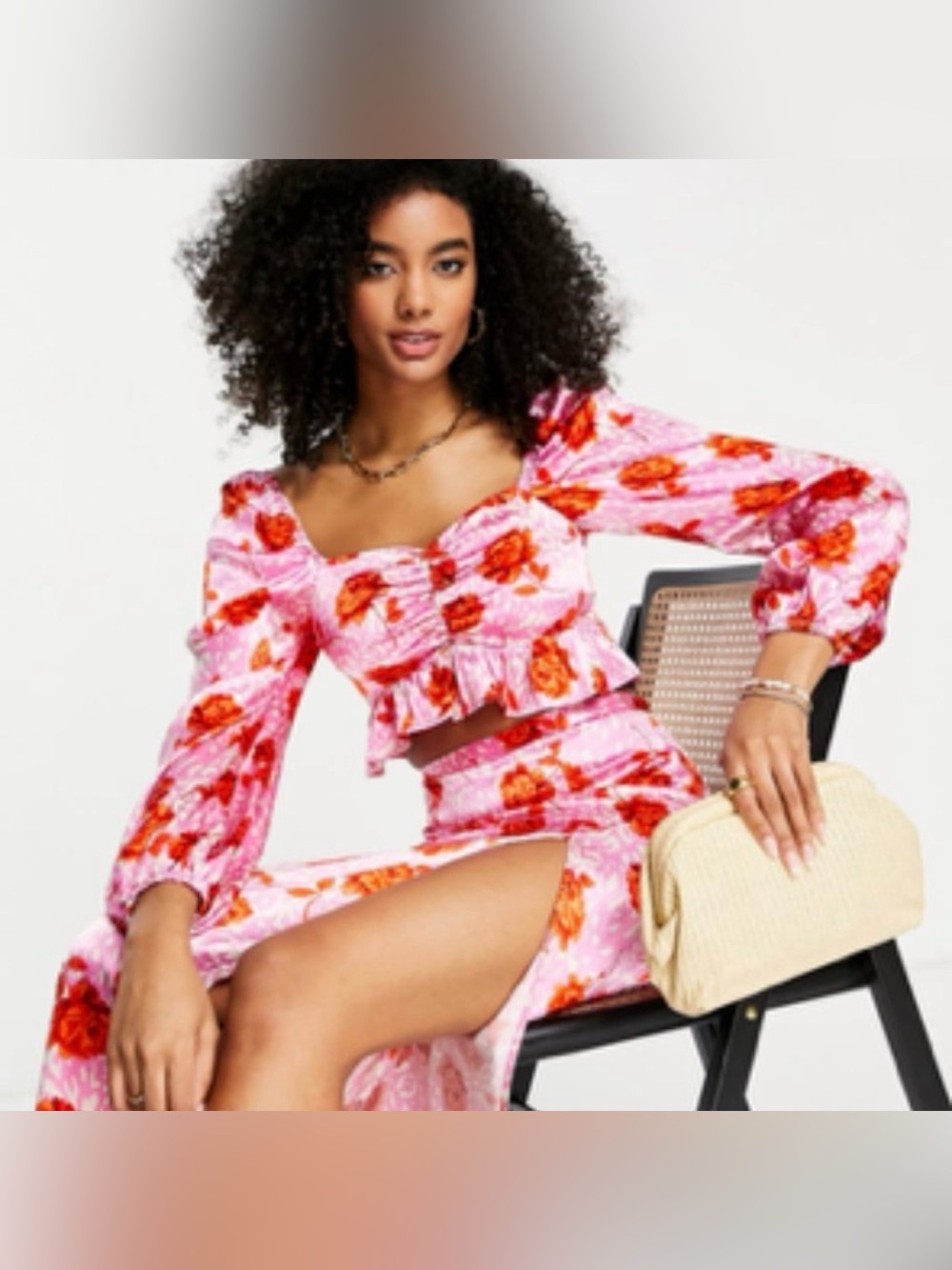 Topshop Pink and Orange Floral Smocked Crop Top Blouse